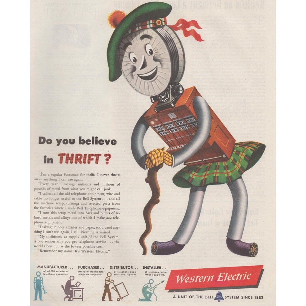 Vintage 1947 Western Electric Print Ad Scotsman Telephone Parts Bell System